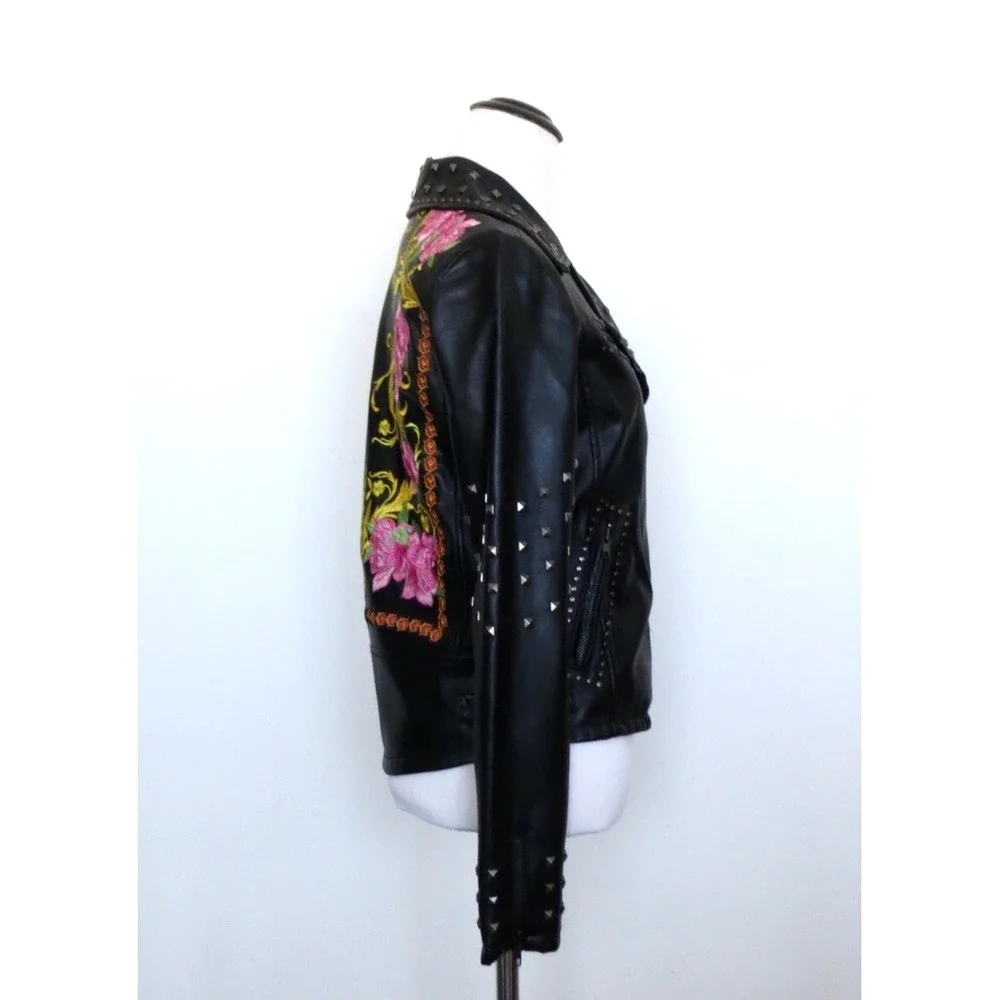 Silence + Noise Irina Studded Embroidered Faux Leather Jacket Black SZ XS - Picture 11 of 13